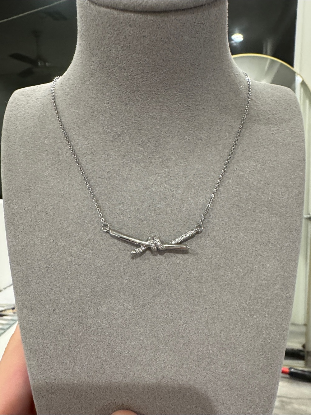 Knot Style CZ Bar Pendant Necklace – Silver Tone